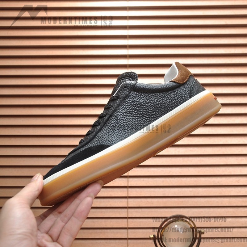 Loro Piana Tennis Walk Sneaker in black textured calfskin and suede with Kummel heel detail and Coffee Gum Sole