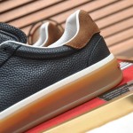Loro Piana Tennis Walk Sneaker in black textured calfskin and suede with Kummel heel detail and Coffee Gum Sole
