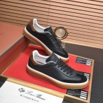 Loro Piana Tennis Walk Sneaker in black textured calfskin and suede with Kummel heel detail and Coffee Gum Sole