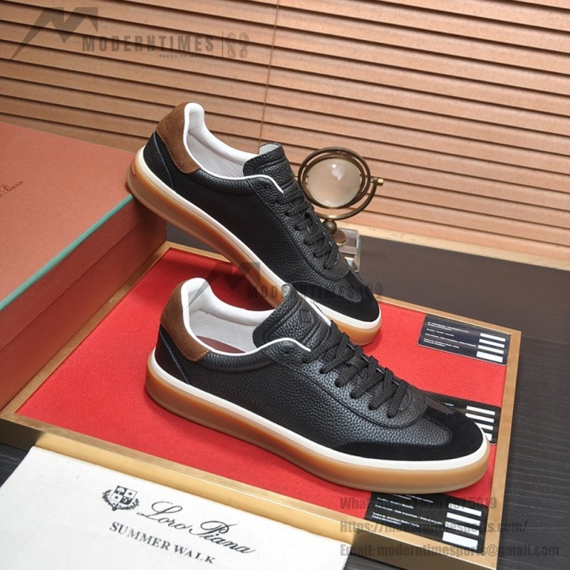 Loro Piana Tennis Walk Sneaker in black textured calfskin and suede with Kummel heel detail and Coffee Gum Sole