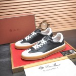 Loro Piana Tennis Walk Sneaker black leather light grey suede coffee gum sole left side view