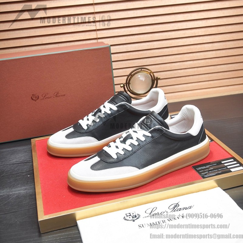 Loro Piana Tennis Walk Sneaker black leather light grey suede coffee gum sole left side view