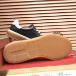 Loro Piana Tennis Walk Sneaker black leather light grey suede coffee gum sole left side view