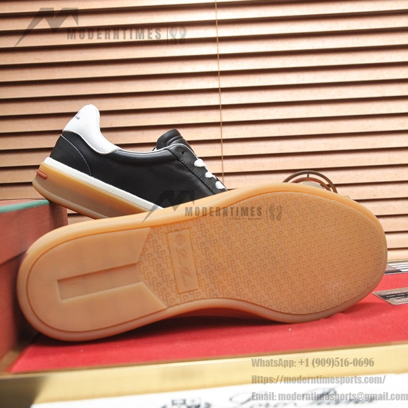Loro Piana Tennis Walk Sneaker black leather light grey suede coffee gum sole left side view