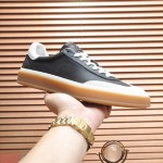 Loro Piana Tennis Walk Sneaker black leather light grey suede coffee gum sole left side view