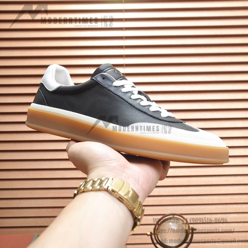 Loro Piana Tennis Walk Sneaker black leather light grey suede coffee gum sole left side view