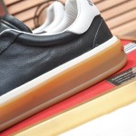 Loro Piana Tennis Walk Sneaker black leather light grey suede coffee gum sole left side view