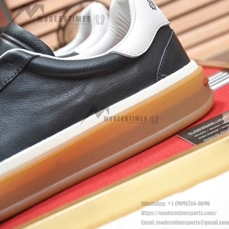 Loro Piana Tennis Walk Sneaker black leather light grey suede coffee gum sole left side view