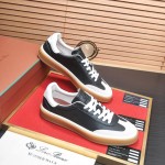 Loro Piana Tennis Walk Sneaker black leather light grey suede coffee gum sole left side view