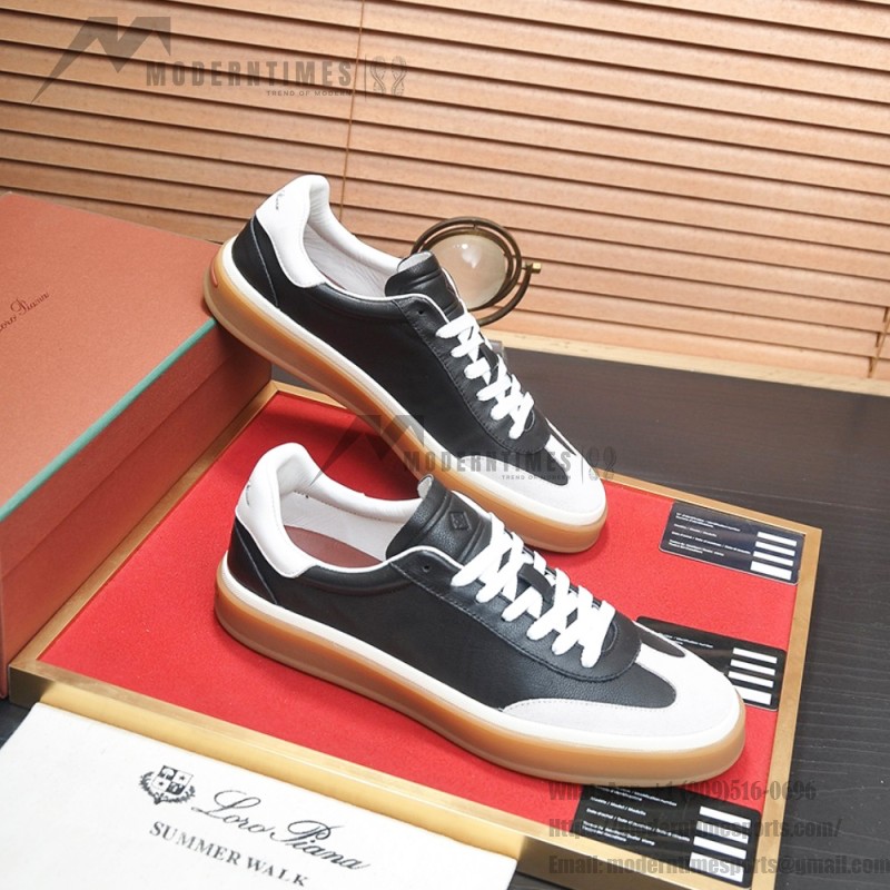 Loro Piana Tennis Walk Sneaker black leather light grey suede coffee gum sole left side view