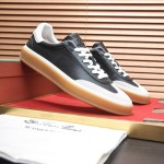 Loro Piana Tennis Walk Sneaker black leather light grey suede coffee gum sole left side view