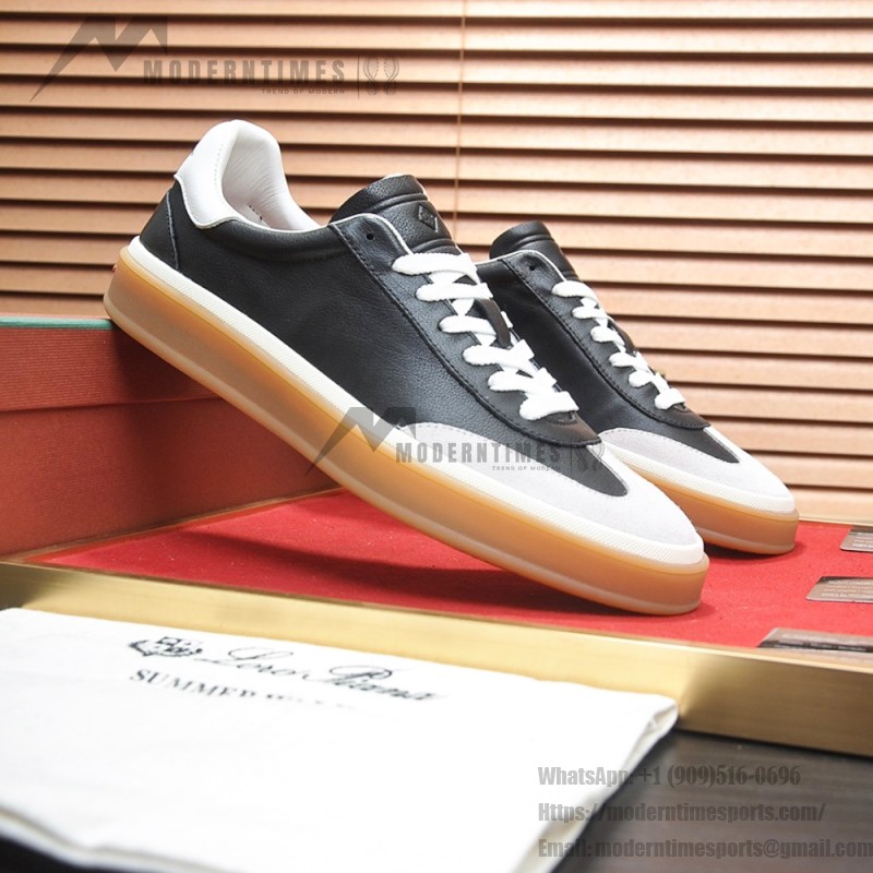 Loro Piana Tennis Walk Sneaker black leather light grey suede coffee gum sole left side view
