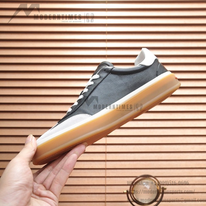 Loro Piana Tennis Walk Sneaker black leather light grey suede coffee gum sole left side view