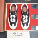 Loro Piana Tennis Walk Sneaker black leather light grey suede coffee gum sole left side view