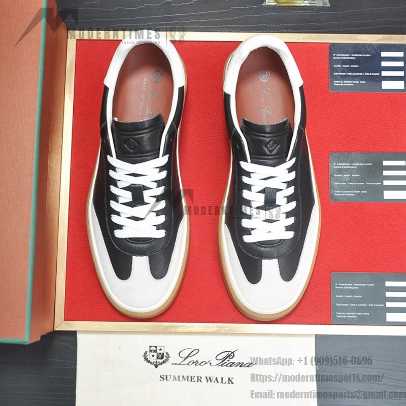 Loro Piana Tennis Walk Sneaker black leather light grey suede coffee gum sole left side view