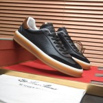 Loro Piana Tennis Walk Sneaker in black textured calfskin and suede with Kummel heel detail and Coffee Gum Sole