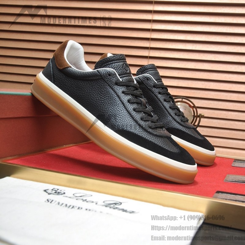 Loro Piana Tennis Walk Sneaker in black textured calfskin and suede with Kummel heel detail and Coffee Gum Sole