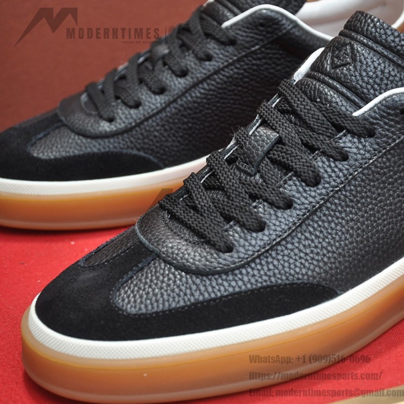 Loro Piana Tennis Walk Sneaker in black textured calfskin and suede with Kummel heel detail and Coffee Gum Sole