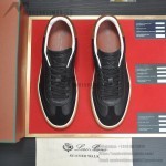 Loro Piana Tennis Walk Sneaker in black textured calfskin and suede with Kummel heel detail and Coffee Gum Sole