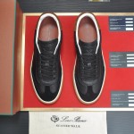Loro Piana Tennis Walk Sneaker in black textured calfskin and suede with Kummel heel detail and Coffee Gum Sole