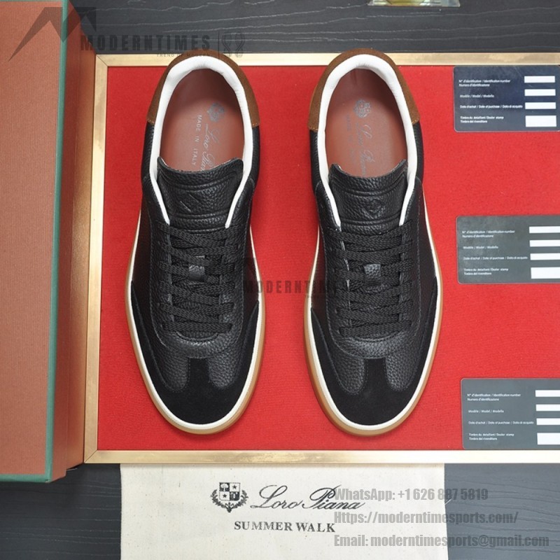 Loro Piana Tennis Walk Sneaker in black textured calfskin and suede with Kummel heel detail and Coffee Gum Sole