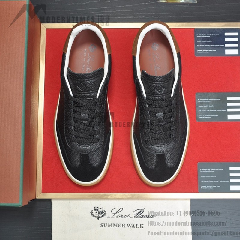 Loro Piana Tennis Walk Sneaker in black textured calfskin and suede with Kummel heel detail and Coffee Gum Sole