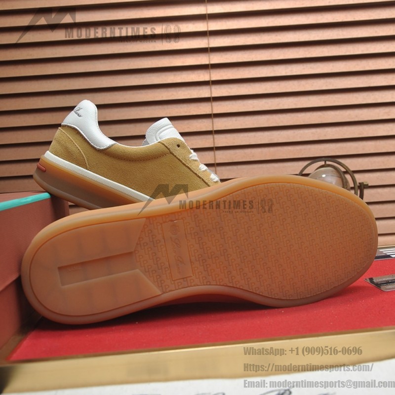 Loro Piana Tennis Walk Sneaker in camel tan suede with white leather accents and Coffee Gum Sole