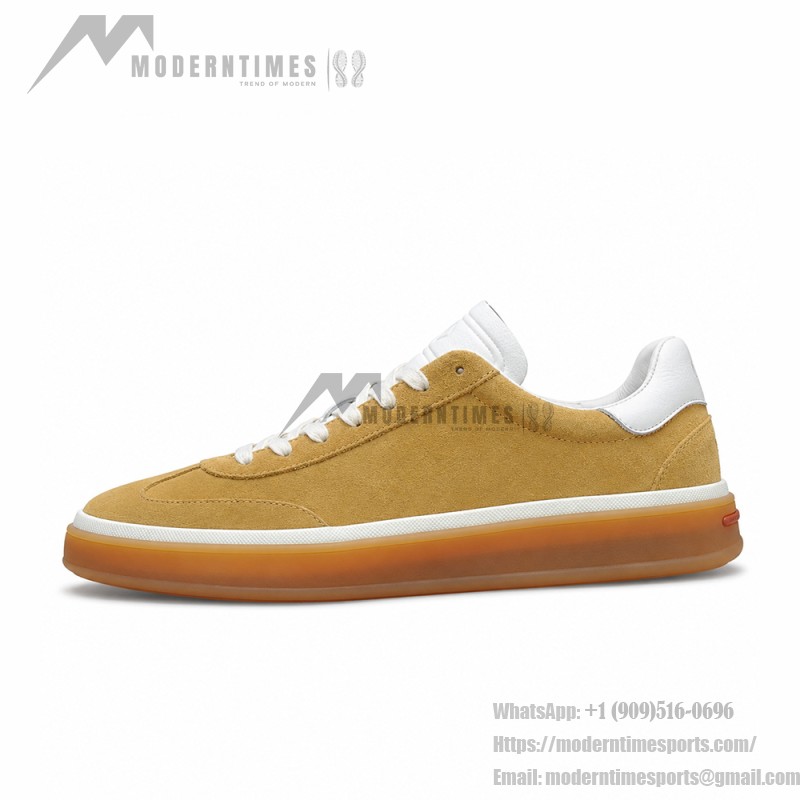 Loro Piana Tennis Walk Sneaker in camel tan suede with white leather accents and Coffee Gum Sole