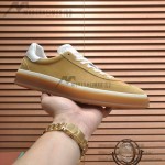 Loro Piana Tennis Walk Sneaker in camel tan suede with white leather accents and Coffee Gum Sole