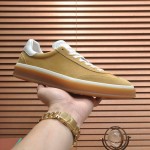 Loro Piana Tennis Walk Sneaker in camel tan suede with white leather accents and Coffee Gum Sole