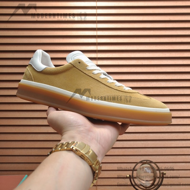 Loro Piana Tennis Walk Sneaker in camel tan suede with white leather accents and Coffee Gum Sole