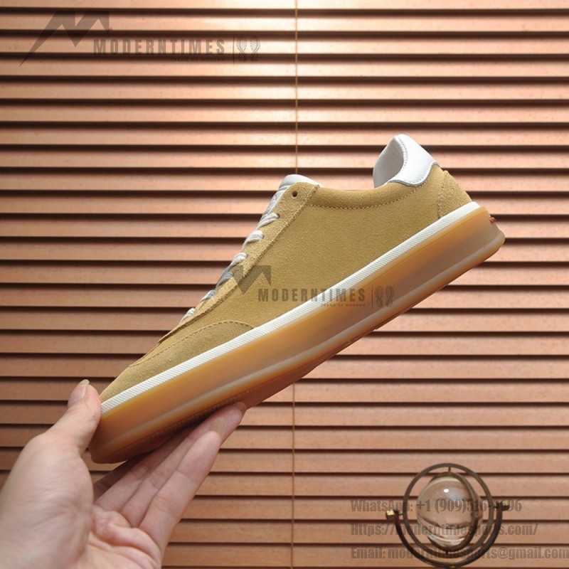 Loro Piana Tennis Walk Sneaker in camel tan suede with white leather accents and Coffee Gum Sole