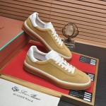 Loro Piana Tennis Walk Sneaker in camel tan suede with white leather accents and Coffee Gum Sole
