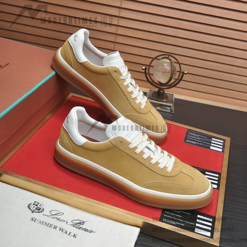 Loro Piana Tennis Walk Sneaker in camel tan suede with white leather accents and Coffee Gum Sole