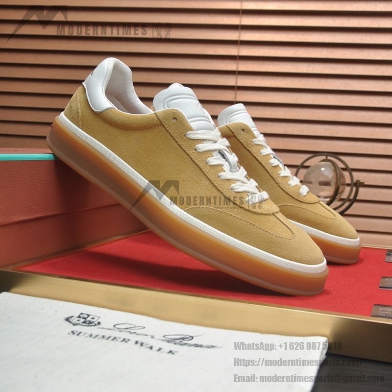 Loro Piana Tennis Walk Sneaker in camel tan suede with white leather accents and Coffee Gum Sole