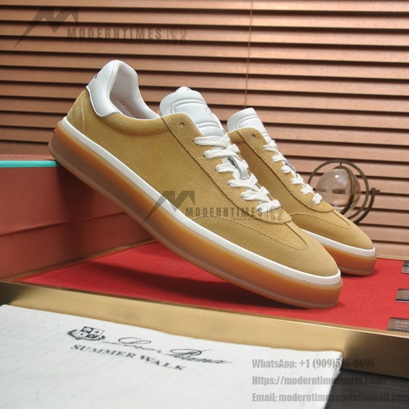 Loro Piana Tennis Walk Sneaker in camel tan suede with white leather accents and Coffee Gum Sole
