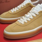 Loro Piana Tennis Walk Sneaker in camel tan suede with white leather accents and Coffee Gum Sole