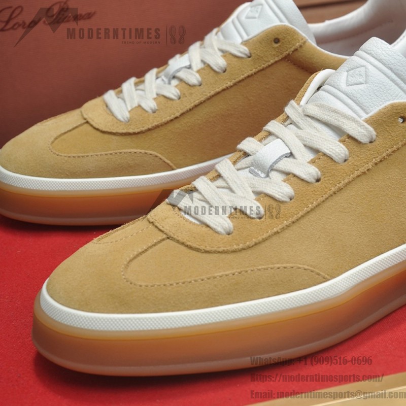 Loro Piana Tennis Walk Sneaker in camel tan suede with white leather accents and Coffee Gum Sole