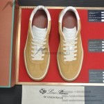Loro Piana Tennis Walk Sneaker in camel tan suede with white leather accents and Coffee Gum Sole