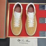 Loro Piana Tennis Walk Sneaker in camel tan suede with white leather accents and Coffee Gum Sole