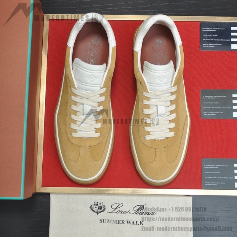 Loro Piana Tennis Walk Sneaker in camel tan suede with white leather accents and Coffee Gum Sole