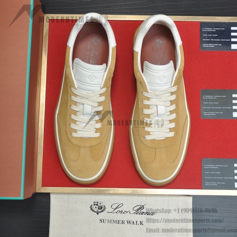 Loro Piana Tennis Walk Sneaker in camel tan suede with white leather accents and Coffee Gum Sole
