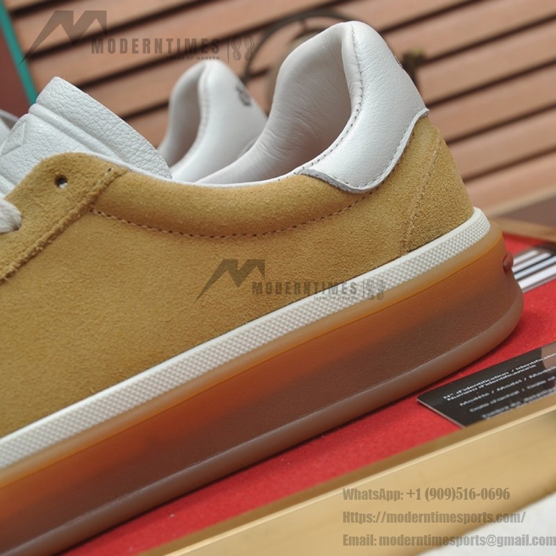 Loro Piana Tennis Walk Sneaker in camel tan suede with white leather accents and Coffee Gum Sole