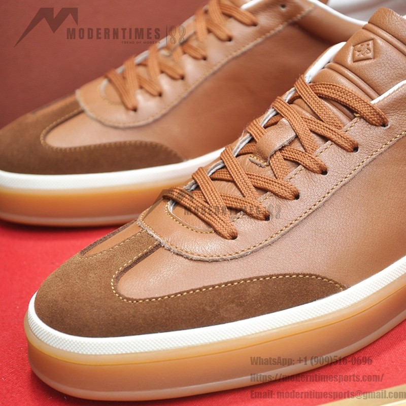 Loro Piana Tennis Walk Sneaker tan brown leather suede gum sole low top sneakers