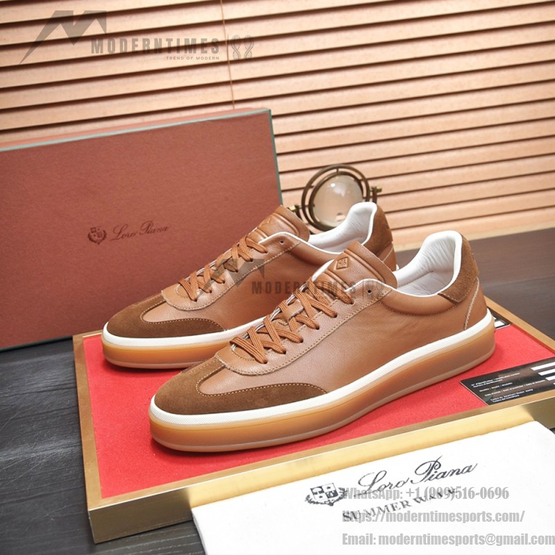 Loro Piana Tennis Walk Sneaker tan brown leather suede gum sole low top sneakers