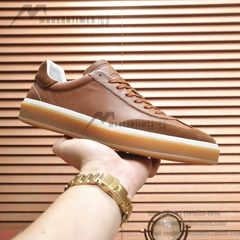 Loro Piana Tennis Walk Sneaker tan brown leather suede gum sole low top sneakers