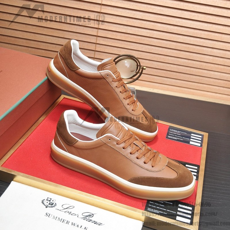 Loro Piana Tennis Walk Sneaker tan brown leather suede gum sole low top sneakers