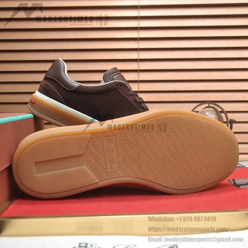 Loro Piana Tennis Walk Sneaker in dark chocolate brown suede with dark brown leather accents and Coffee Gum Sole