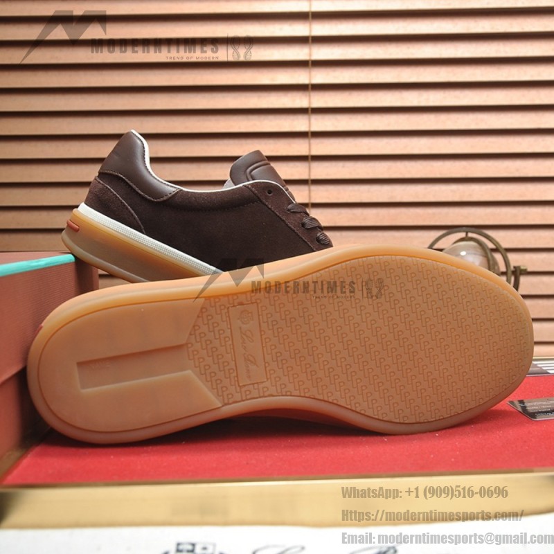 Loro Piana Tennis Walk Sneaker in dark chocolate brown suede with dark brown leather accents and Coffee Gum Sole