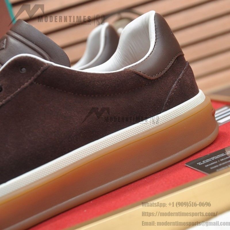 Loro Piana Tennis Walk Sneaker in dark chocolate brown suede with dark brown leather accents and Coffee Gum Sole